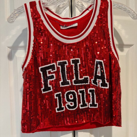 Red Sequined Sparkly Fila Cropped Basketball Jersey - Picture 3 of 3